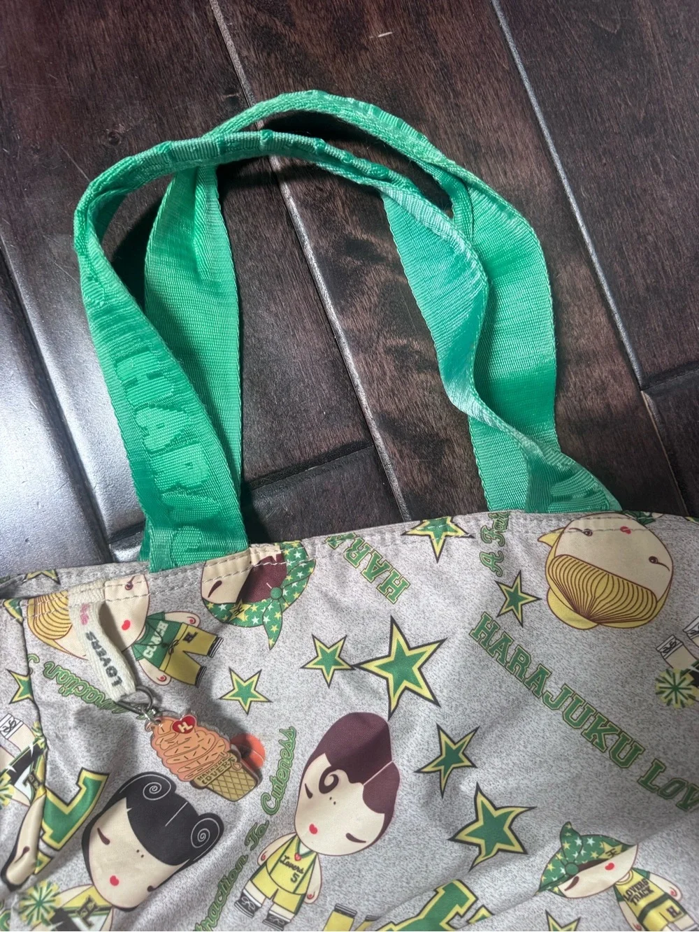 Vintage Harajuku lovers Green Handle Patterned Tote Bag